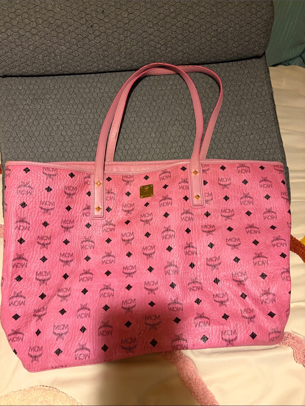 MCM Pink Monogram Shoulder Visetos Tote with Gold Plaque